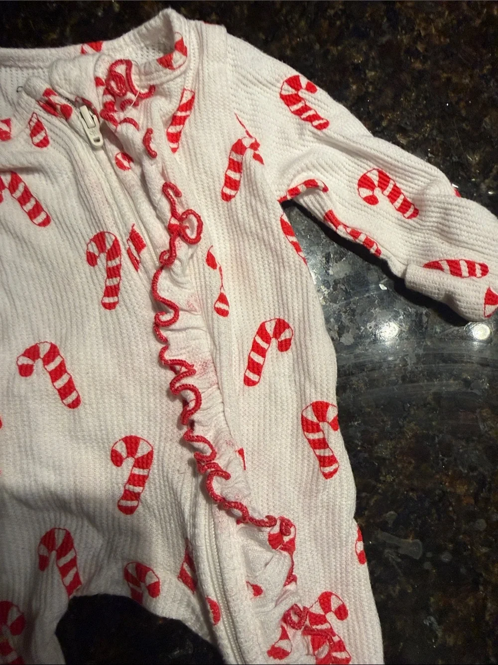 Candy Cane Print One-Piece Footed Pajamas - White & Red NEWBORN Ruffle Bottoms